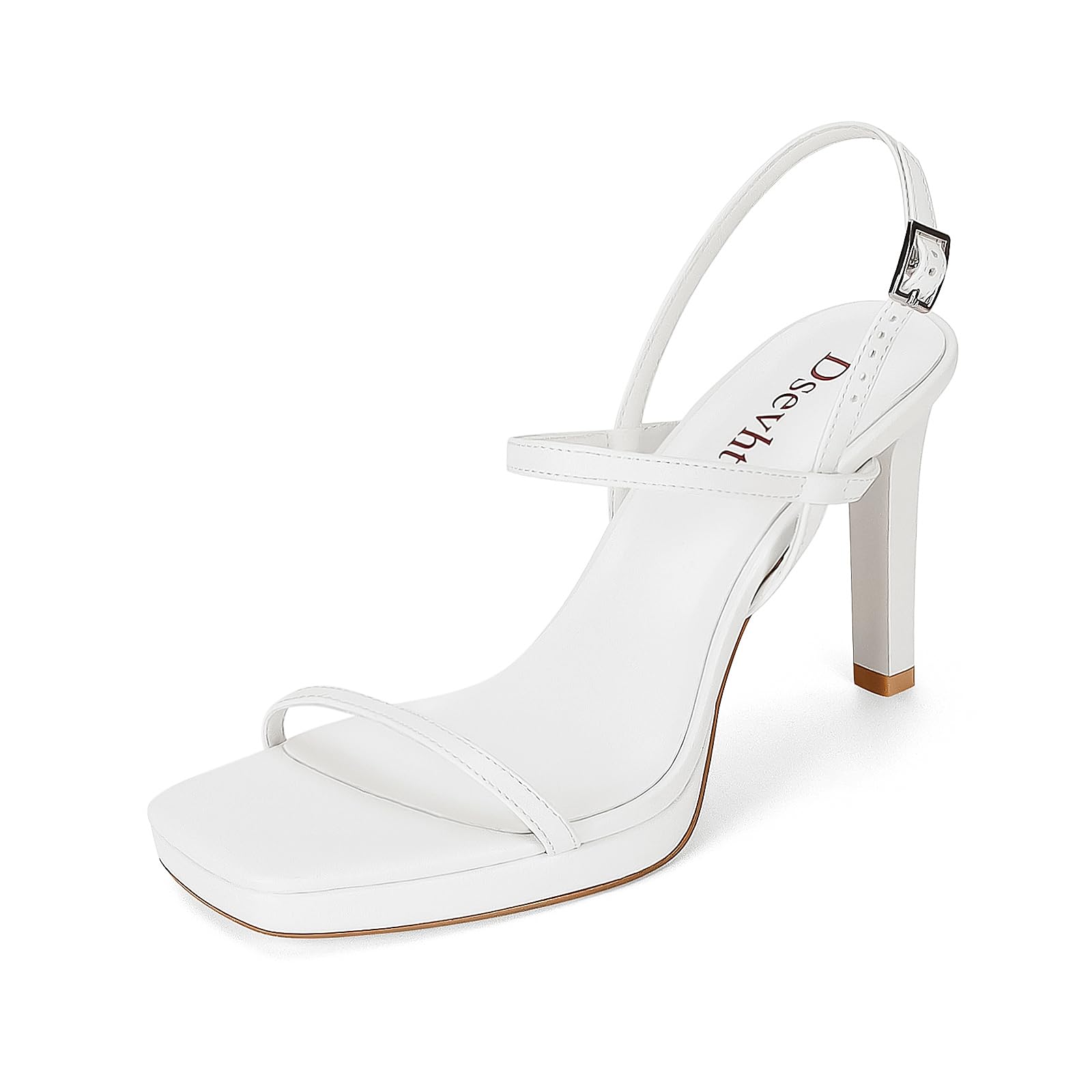 Dsevht White Heels for Women Platform Strappy Heels Sexy Stiletto Heeled Sandals Square Open Toe Metallic High Heels Dress Wedding Shoes