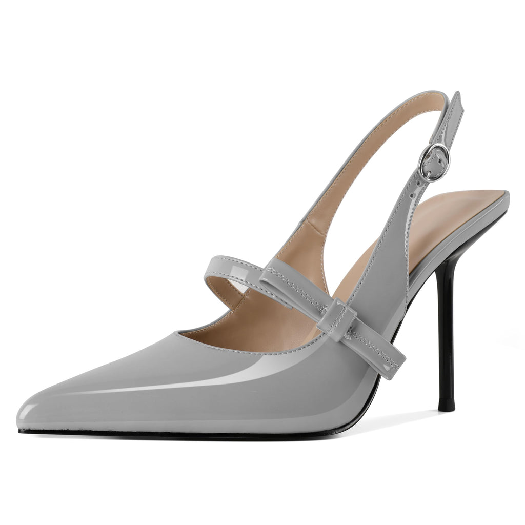 SAMMITOP Womens Slingback High Heels Pointed Toe Pumps Sexy Bow Stiletto Heel Ankle Strap Backless Patent Leather Party Office Dress Shoes 4 Inch Grey US Size 13