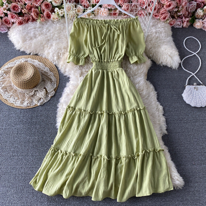 French Bubble Short Sleeve Off-Shoulder Dress 2021