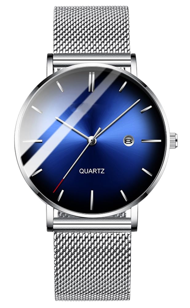 BESTKANG Mens Fashion Minimalist Wrist Watch Waterproof Watches Simple Ultra Thin Watches Analog Quartz Date with Stainless Steel Mesh Band (Silver)