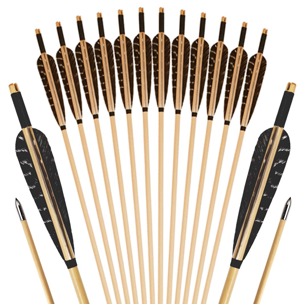 Luoyer 12 Pcs Archery Wooden Arrows with Feathers Handmade Targeting Arrows for Traditional Bow Recurve Bow Longbow for Adults 31inch (Nature)
