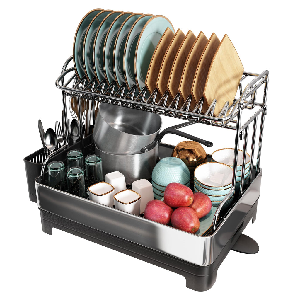 romision Dish Drying Rack 304 Stainless Steel 2 Tier Large Dish Rack and Drainboard Set with Drainage Spout Full Size Dish Drainer with Utensil Holder for Kitchen Counter of Big Family