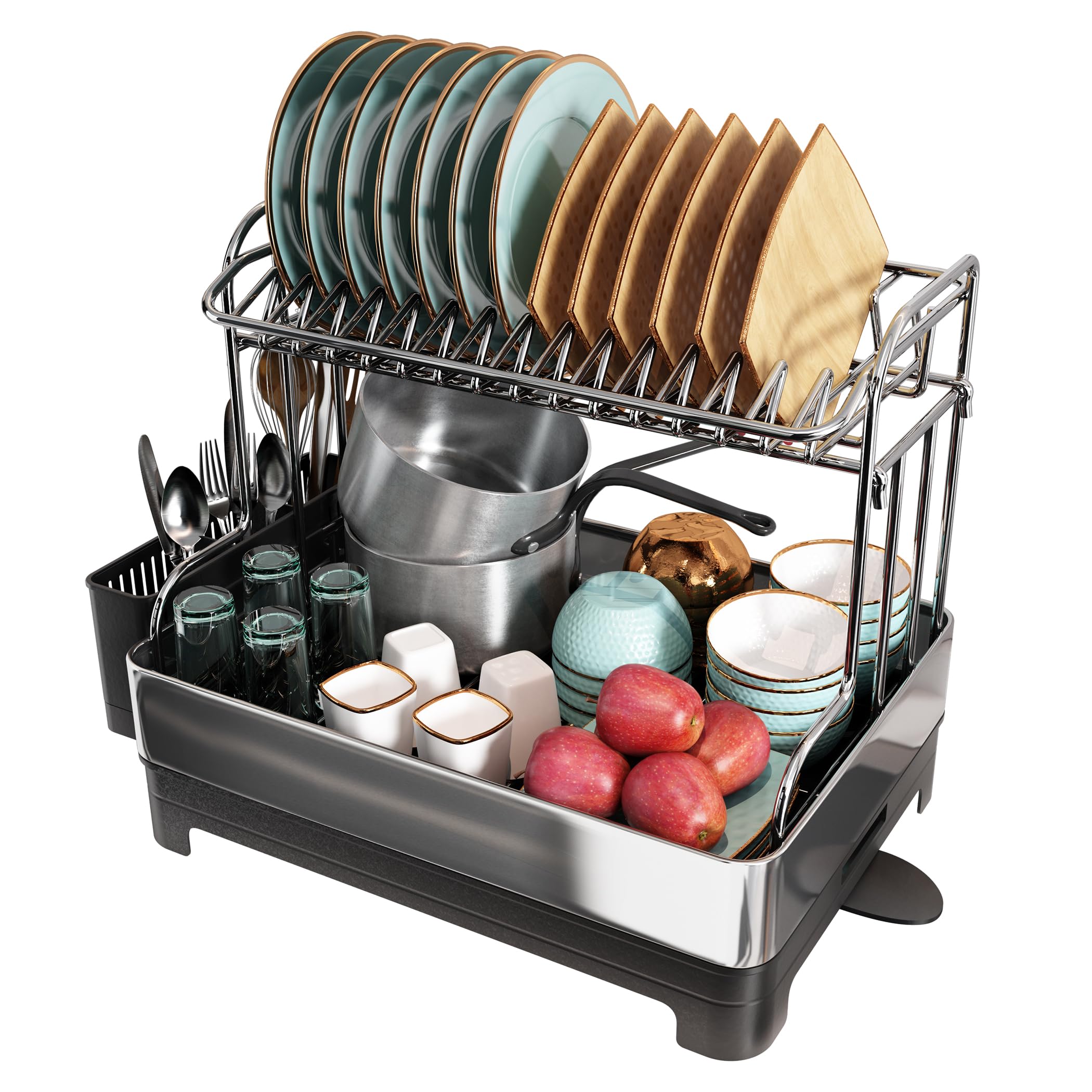 romision Dish Drying Rack 304 Stainless Steel 2 Tier Large Dish Rack and Drainboard Set with Drainage Spout Full Size Dish Drainer with Utensil Holder for Kitchen Counter of Big Family