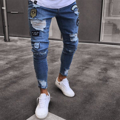 Men's Cross-Border Ripped Knee Jeans with Zipper