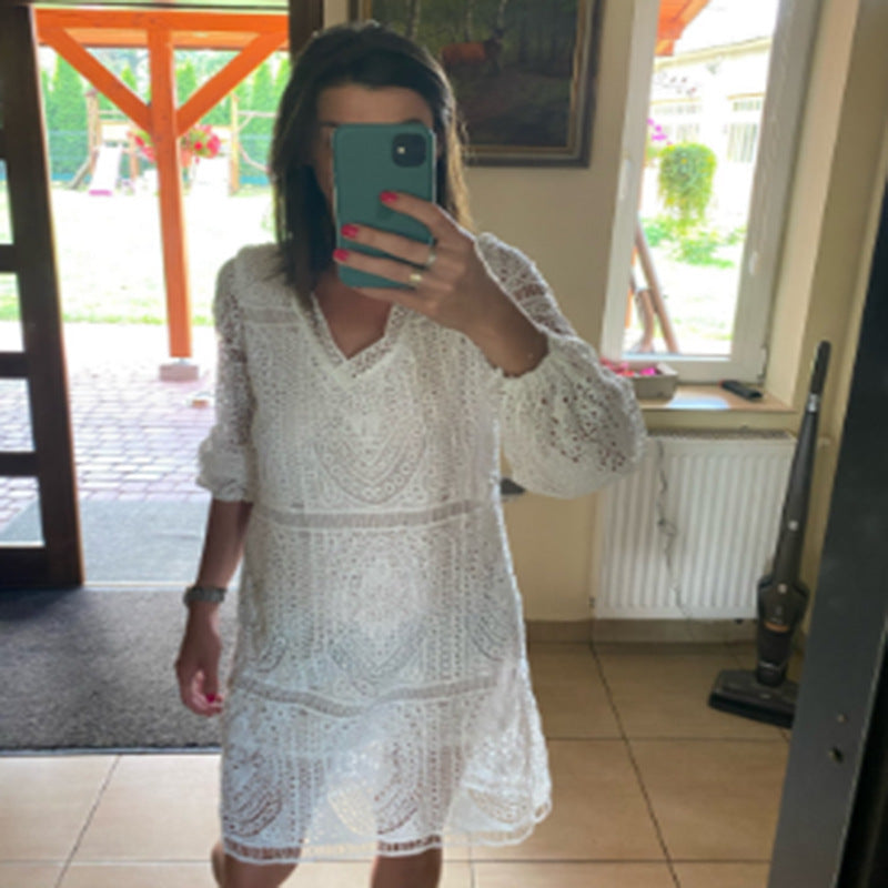 Summer Women's Dress with Deep V Neck and Long Sleeves