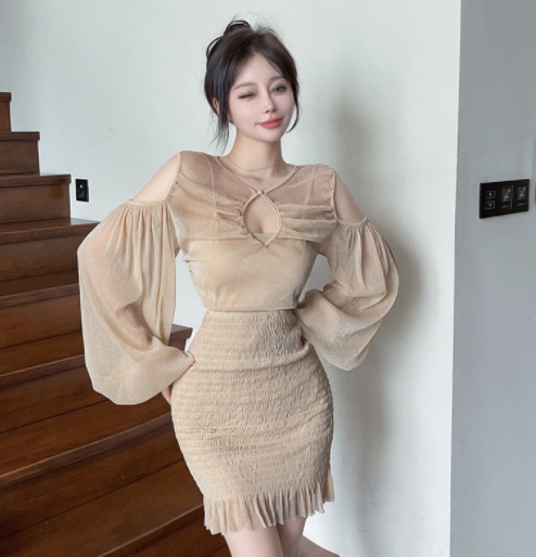Off-Shoulder Long Sleeve V-Neck Bodycon Dress