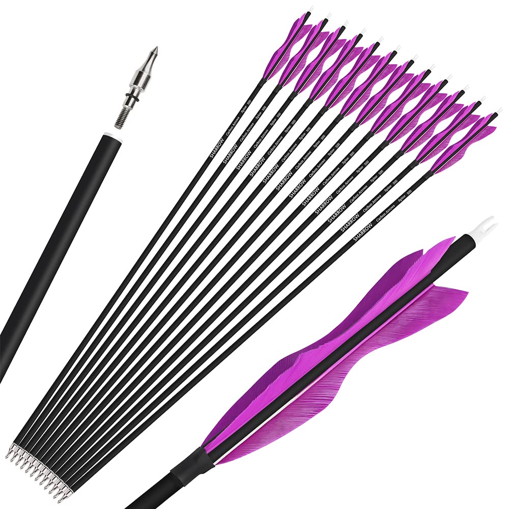 wolfman 31" Carbon Arrows Archery Hunting Arrows Targeting Practice Arrows with 5" Turkey Feathers Spine 500 for Recurve Bow and Compound Bow 6/12pcs (Light Purple 12pcs)