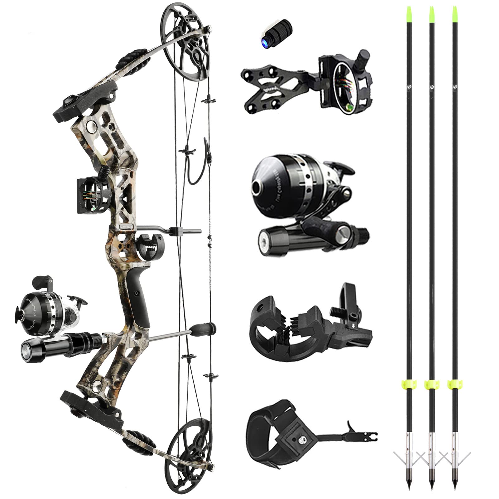 surwolf Archery Bowfishing Compound Bow Kit RTH 30-70 LBS Draw Length 23.5"-31" IBO 325FPS Target Shooting Bow with Accessories for Bowfishing Archery Hunting (Camo Bowfishing Kit)