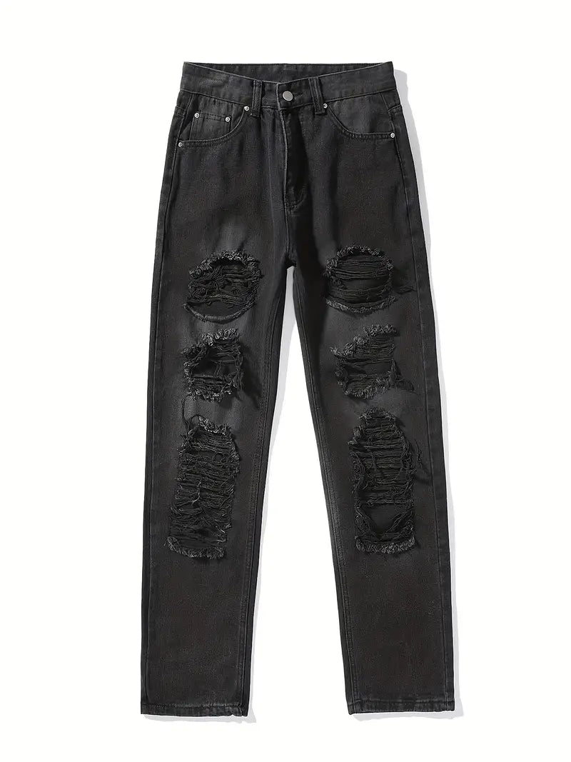 High Waist Ripped Straight Jeans with Slash Pockets