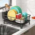 Famhap Small Dish Drying Rack Dish Rack with Drainboard Dish Drainers for Kitchen Counter Sink Adjustable Spout in Sink Dish Strainers with Utensil Holder and Knife Slots Black
