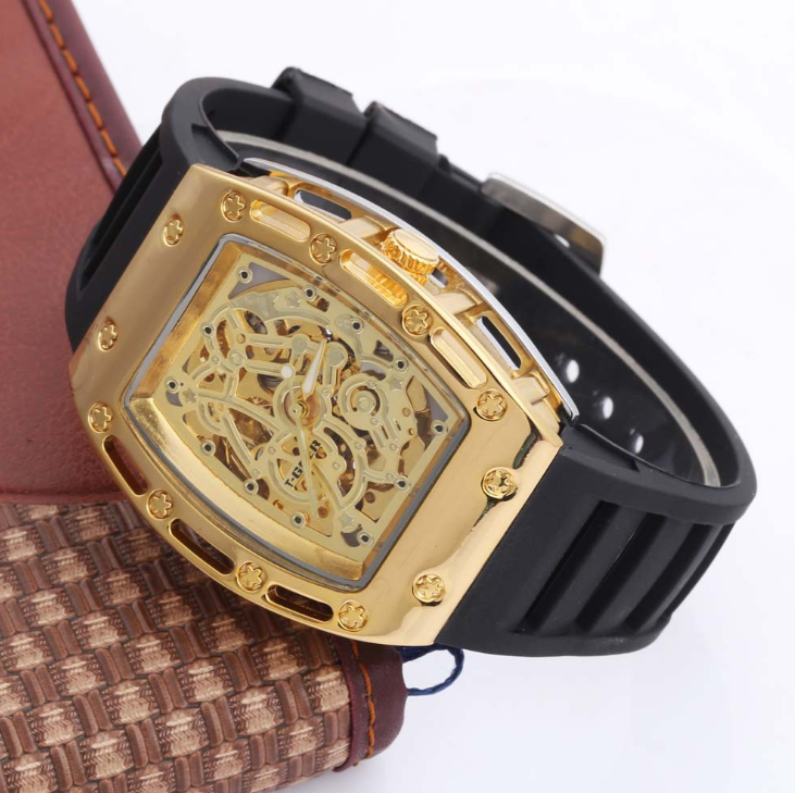 Mechanical Hollow Watch with Leather Strap