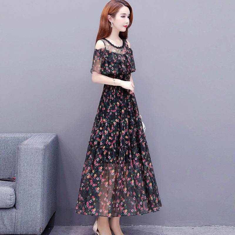Floral Chiffon Off-Shoulder Dress for Women