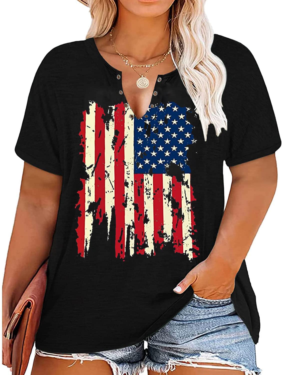 Plus Size USA Flag V-Neck T-Shirt Women Distressed American Flag Graphic Tees Short Sleeve 4th of July Patriotic Tops (2XL Black)