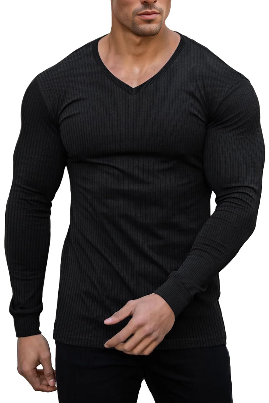 Muscle Cmdr Slim Fit V Neck Long Sleeve Muscle Thermal T Shirt Casual Ribbed Pullover Tee Lightweight Sweater Undershirts Black S