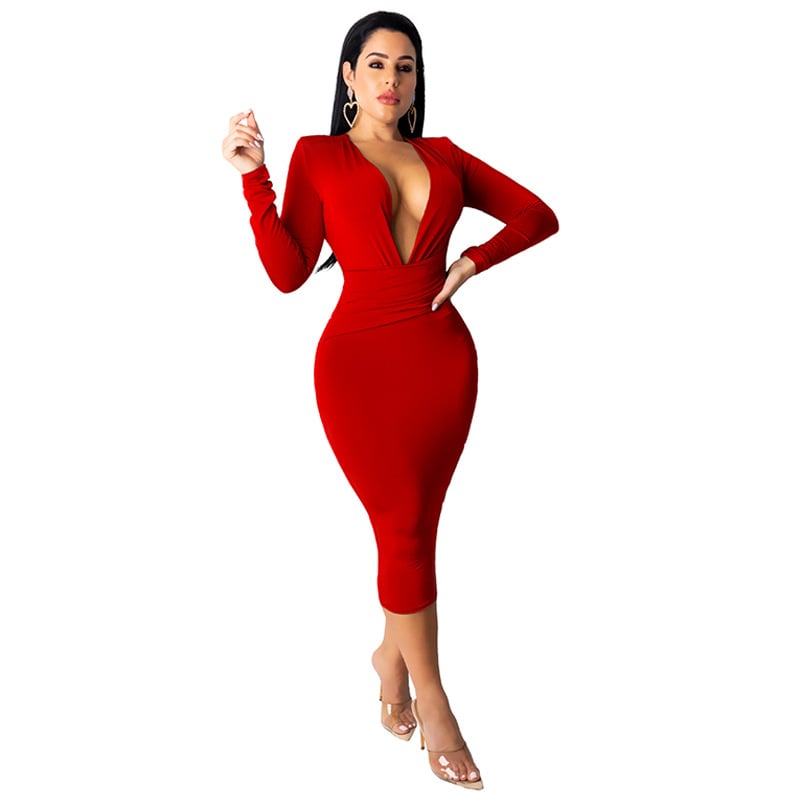 Fashion Deep V Neck Long Sleeve Hip Dress