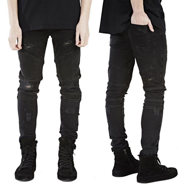 New Men's Slim Fit Ripped Denim Jeans (Motorcycle Style)