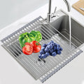 Sindax 23.7" Extra Large Dish Drying Rack Expandable Roll Up Over The Sink Dish Drying Rack SUS304 Stainless Steel Multipurpose Kitchen Drainer Rack Up Load to 70Lb