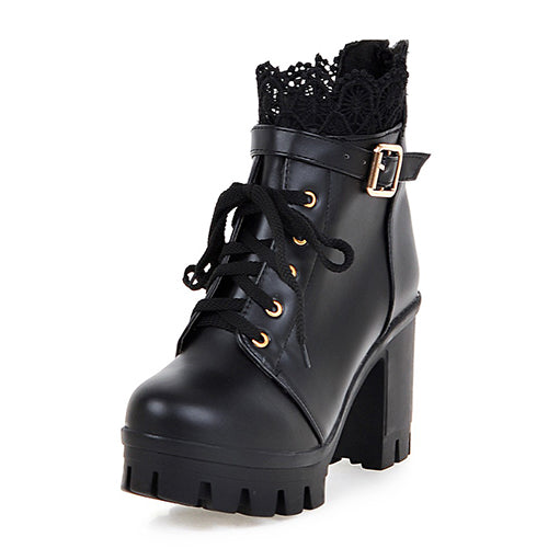 Lace Trim Waterproof Platform Chunky Heel Women's Boots