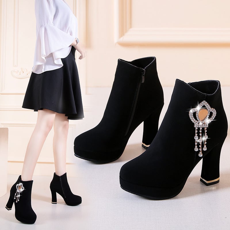 Waterproof Platform High Heel Rhinestone Chunky Boots