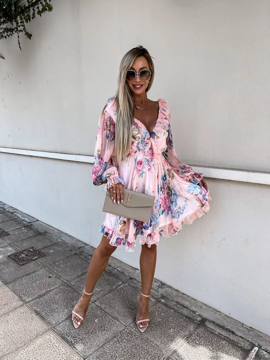 V-Neck Printed Long Sleeve Dress with Nipped Waist