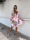 V-Neck Printed Long Sleeve Dress with Nipped Waist