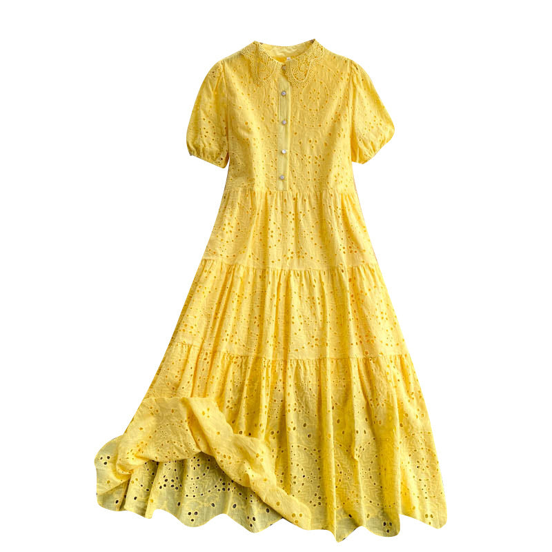 Bohemian Summer Dress with Hollow Embroidery and Puff Sleeves