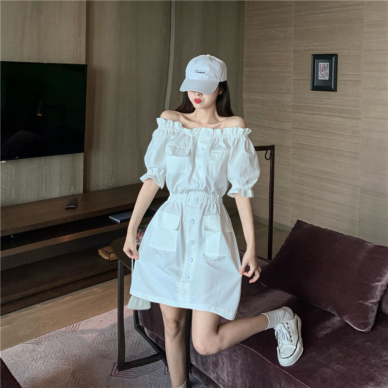 French Style Off-Shoulder Puff Sleeve Dress for Women