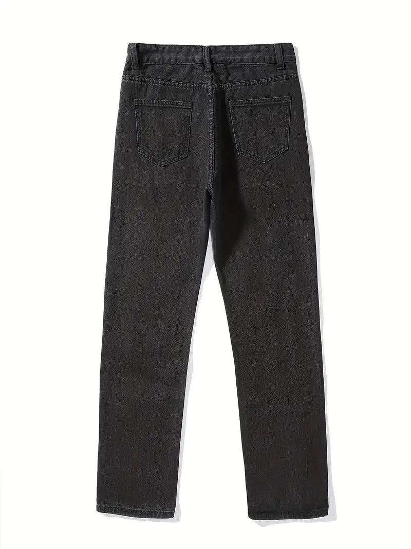 High Waist Ripped Straight Jeans with Slash Pockets
