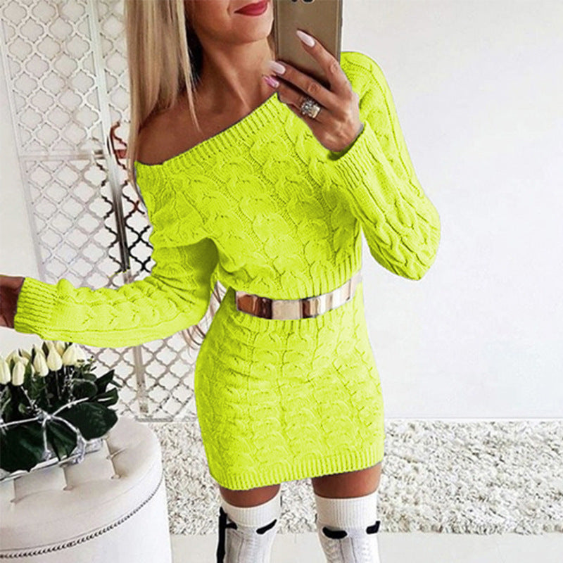 Off-Shoulder Knit Dress with Fluo Color Cable Design