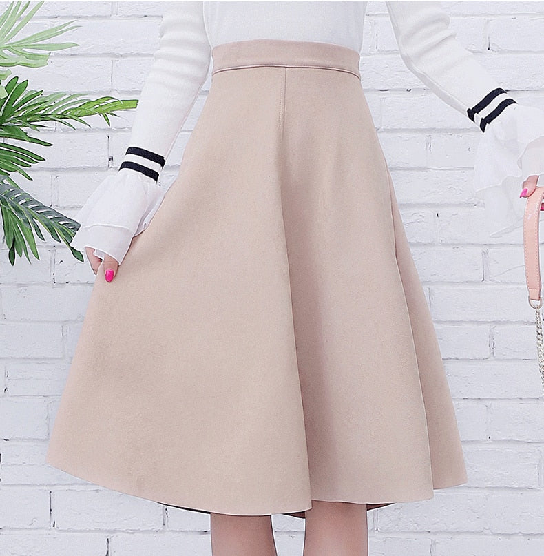 Suede Midi Skirt, High Waist Retro A-Line Women’s Skirt