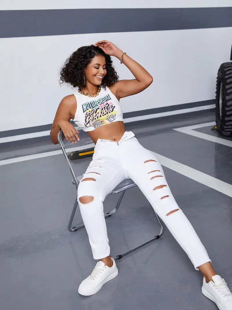 Ripped High Waist Skinny Jeans with Slash Pockets