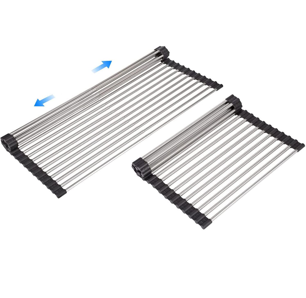 ARAINY Large Telescopic Drain Rack Roll Up Dishes Drying Rack Expandable Kitchen Sink Rack Over The Sink Dish Drying Rack SUS304 Stainless Steel Dish Rack (18 Tube 21.25x12.79)