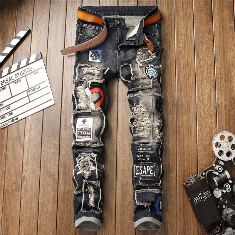 Men's Ripped Patch Stretch Jeans in European & American Style
