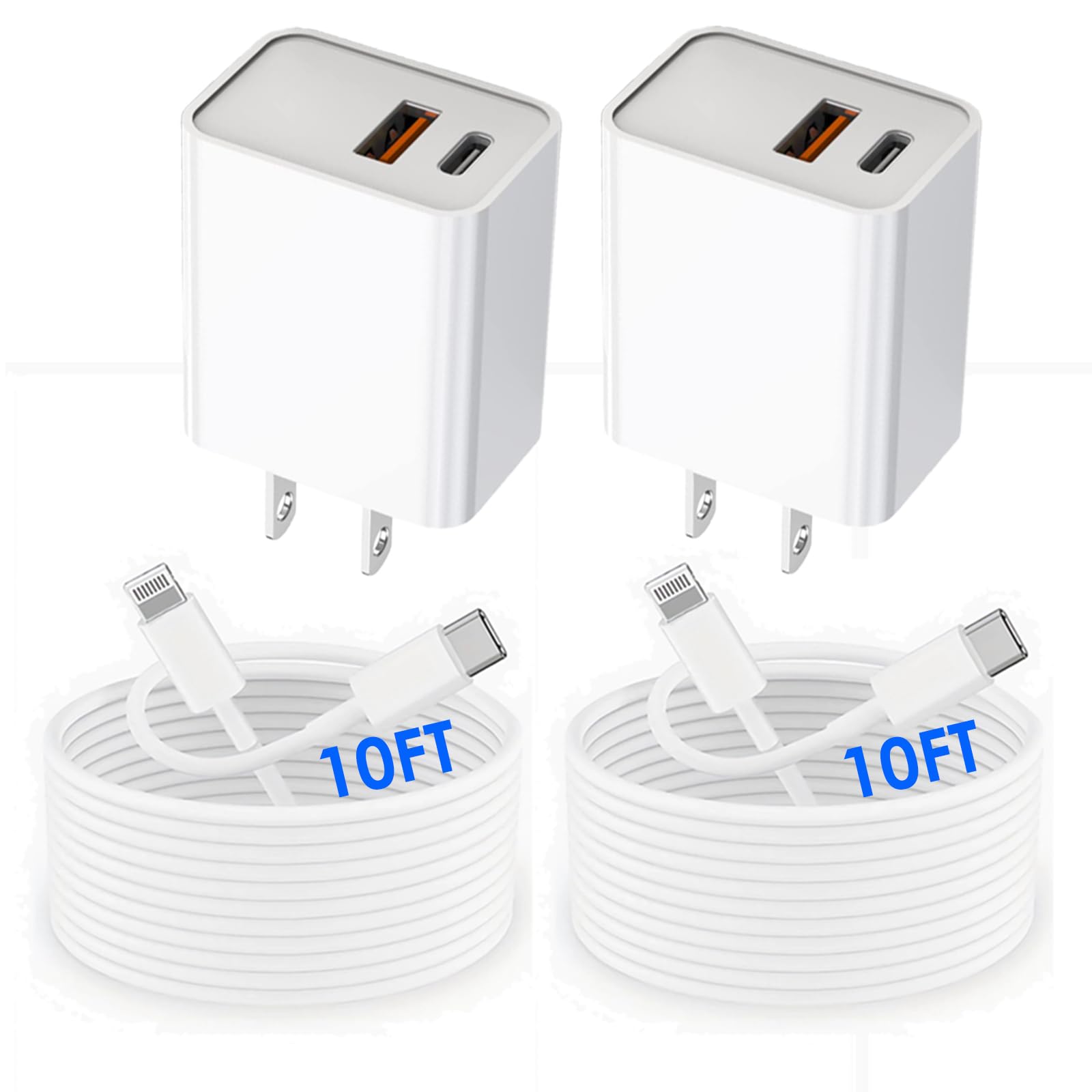 USB C Wall ChargerDual Port 10FT iPhone Charger 20W PD+QC3.0 Power Adapter Fast Charging Block Plug with 10ft USB C to Lightning Cable for iPhone 14/14 Pro/14 Pro Max/13/12/11/Pro Max/XS/XR/X/AirPods
