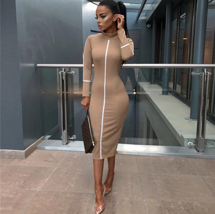 Color Block Long Sleeve High Neck Maxi Dress