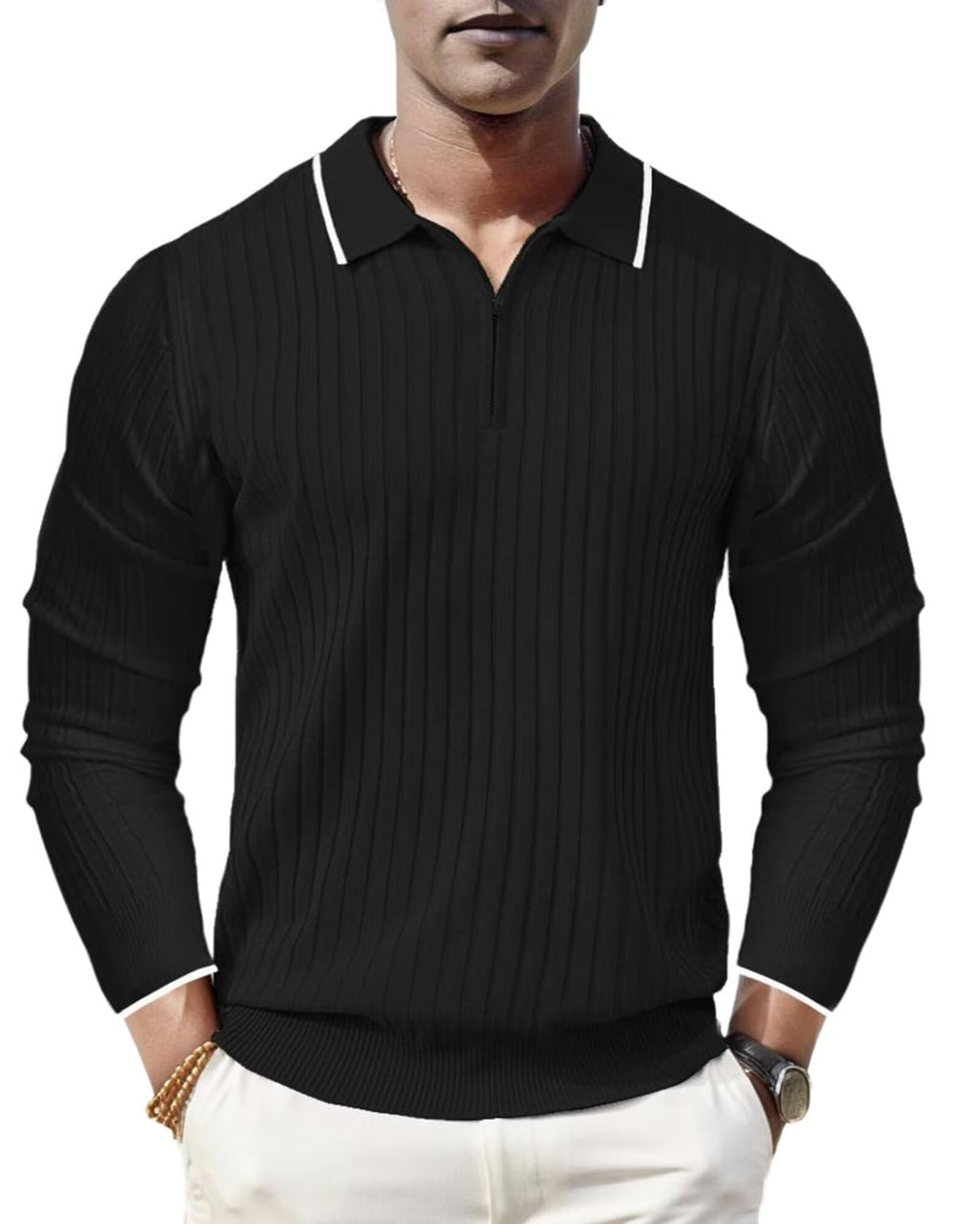 Mens Zipper Polo Shirt Casual Knit Long Sleeve Ribbed Polo T Shirt Classic Fit Golf Shirts Activewear Polos Black 2XL