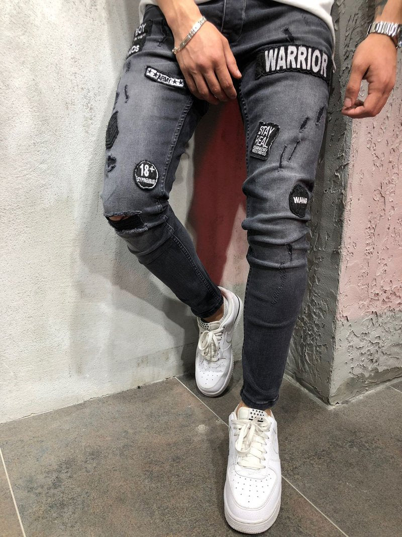 Men's Slim Fit Black Distressed Jeans with Patches