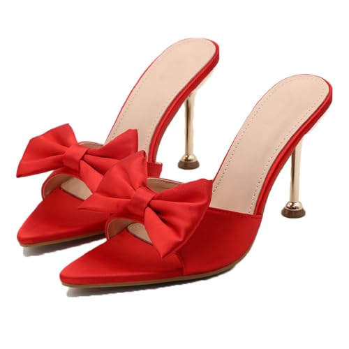 BHDJK Womens Satin Bow Backless Pointed Toe Stiletto Sandal Summer Fashion Open Toe Slingback Slip On Dress Wedding High Heel Mules for Party Dating Sexy Pumps (red8.5)