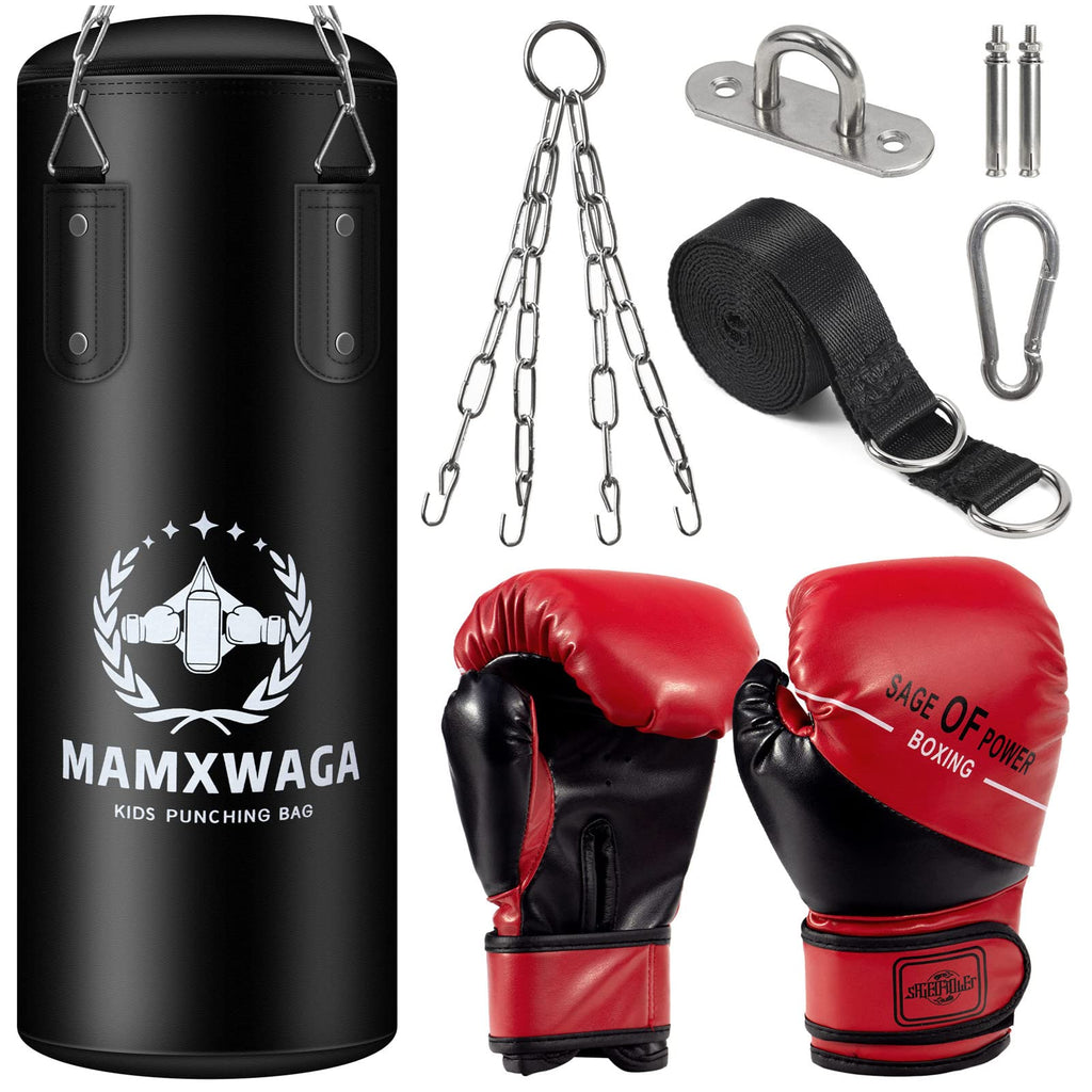 Mamxwaga Kids Punching Bag Set Unfilled Hanging Boxing Bag Kickboxing Bag with Boxing Gloves Kids Boxing Set for 3-12 Years for Youth Karate Muay Thai Kick Taekwondo Training