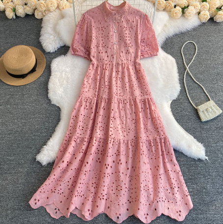 Bohemian Summer Dress with Hollow Embroidery and Puff Sleeves