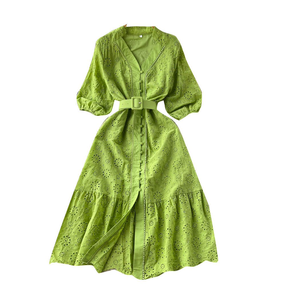 V-Neck Hollow Out Dress with Puff Sleeves and Embroidery