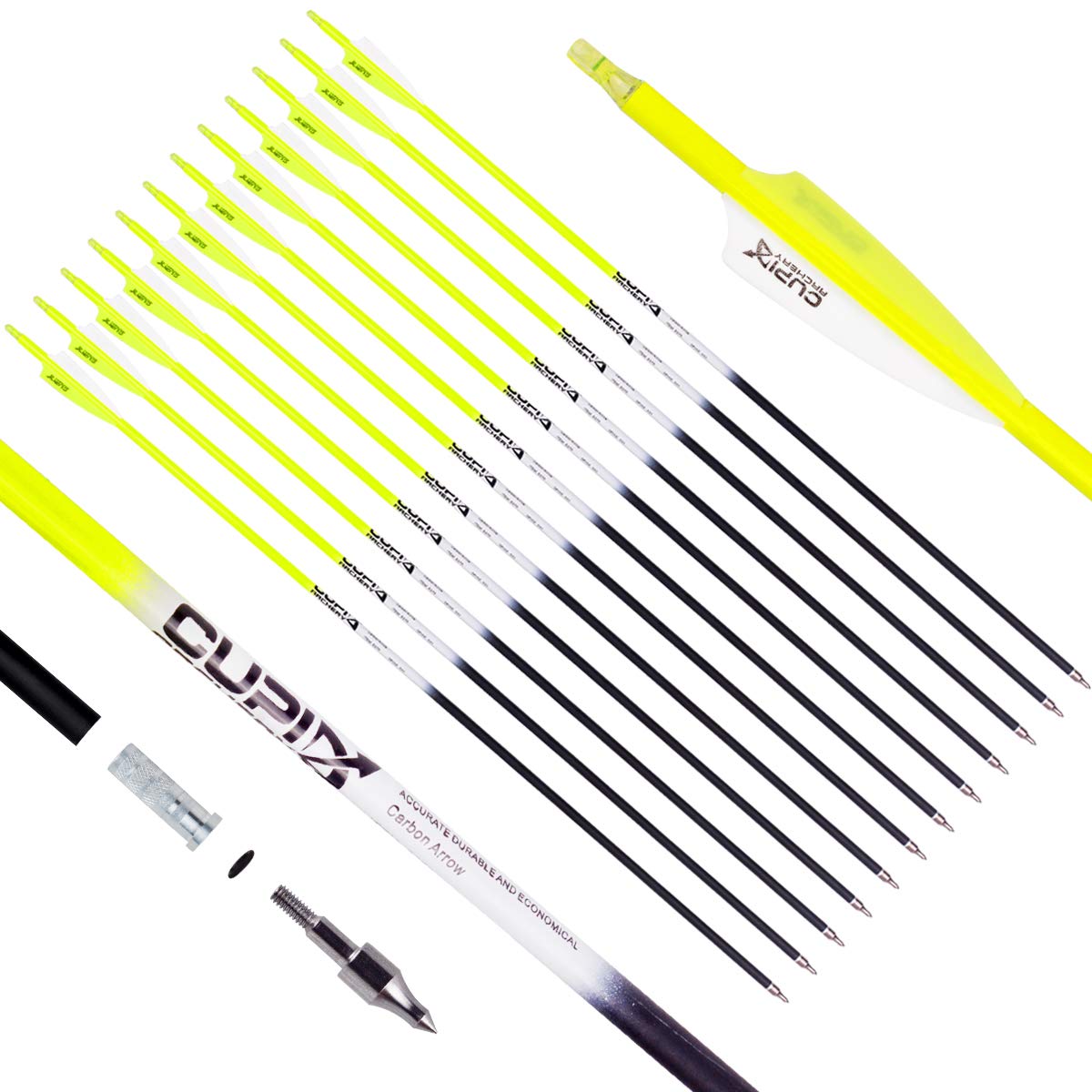LWANO Carbon Arrow Archery 30inch Hunting Target Practice Arrows for Compound & Recurve Bow Spine 500 with Removable Tips (Pack of 12)(Yellow)