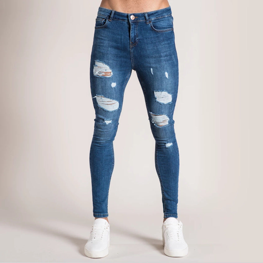 Men's Ripped Knee Zipper Slim Fit Jeans (Cross-Border)