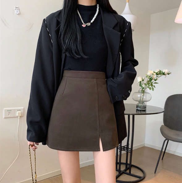 Suede A-Line Skirt with High Waist and Slit Design