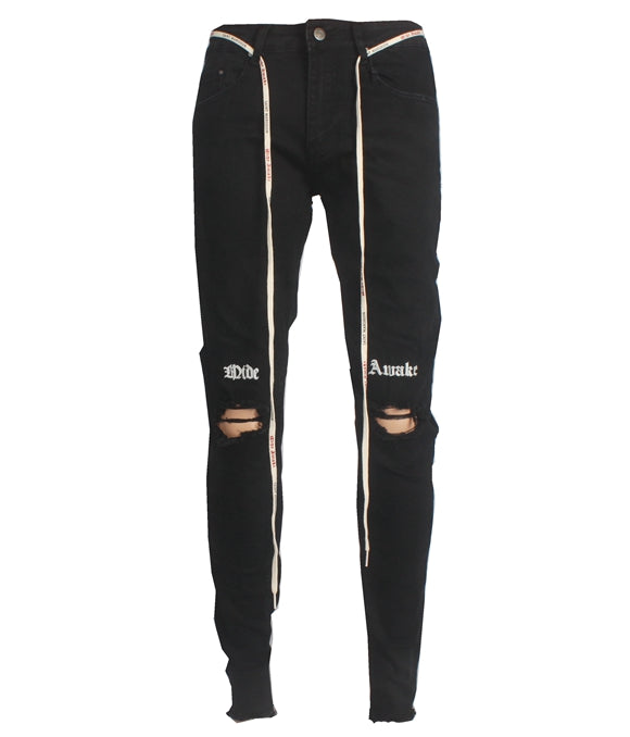 Black Distressed Embroidered Slim-Fit Jeans