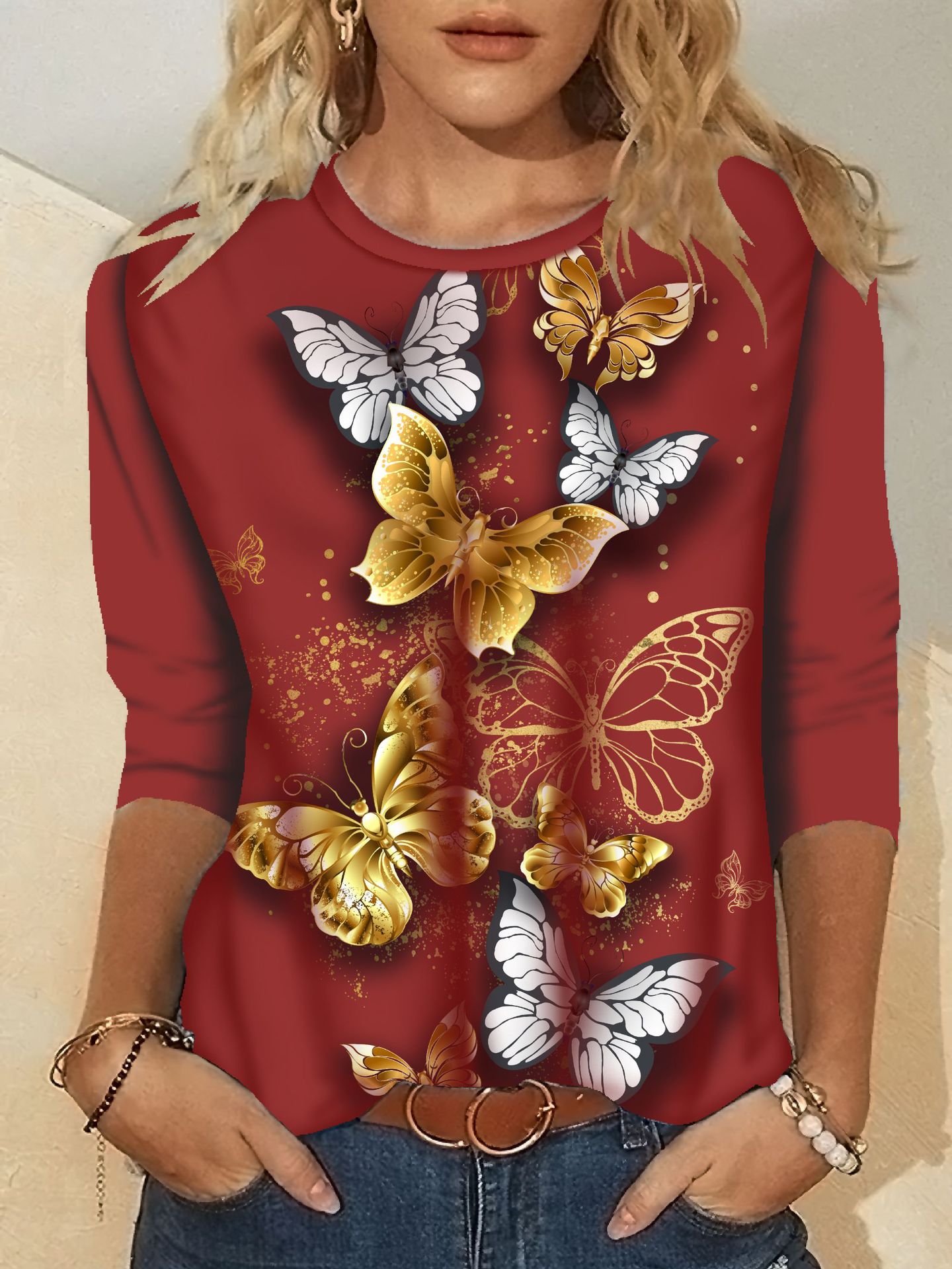 Women's Printed Long Sleeve Crew Neck T-Shirt