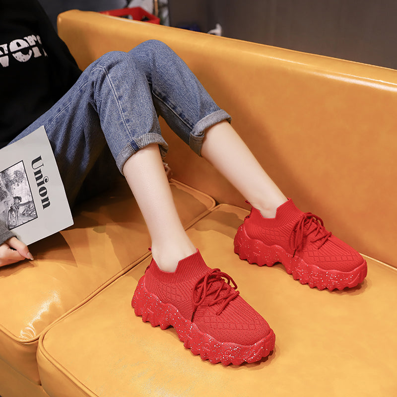 Red Women's Breathable Platform Sneakers (Casual & Stylish)