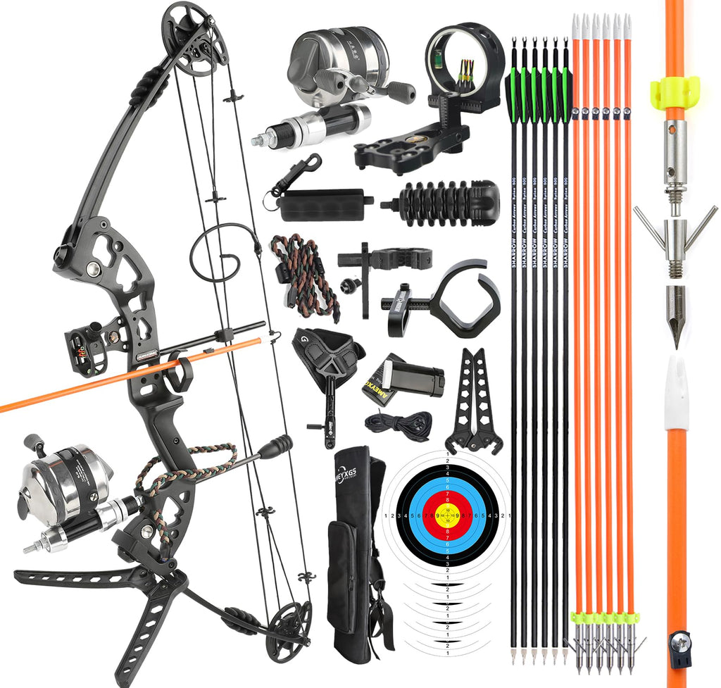 surwolf Bowfishing Compound Bow Kit Ready to Fish Kit with Bowfishing Reel Bow Fishing Arrows Right & Left Hand for Adult/Youth Fishing Hunting Target Shooting (Right Handed Black)