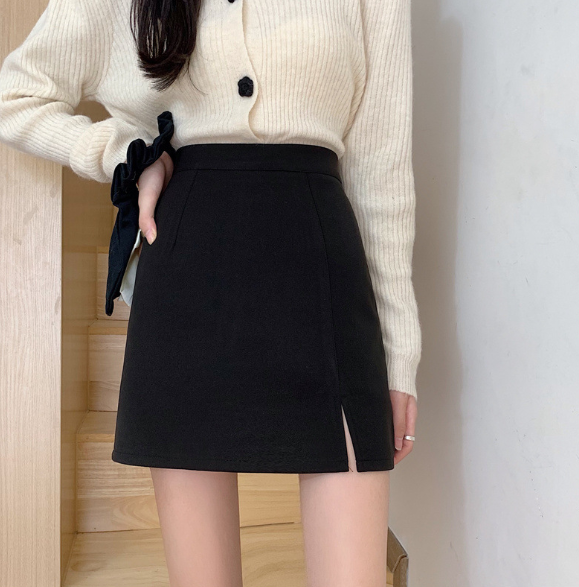 Suede A-Line Skirt with High Waist and Slit Design