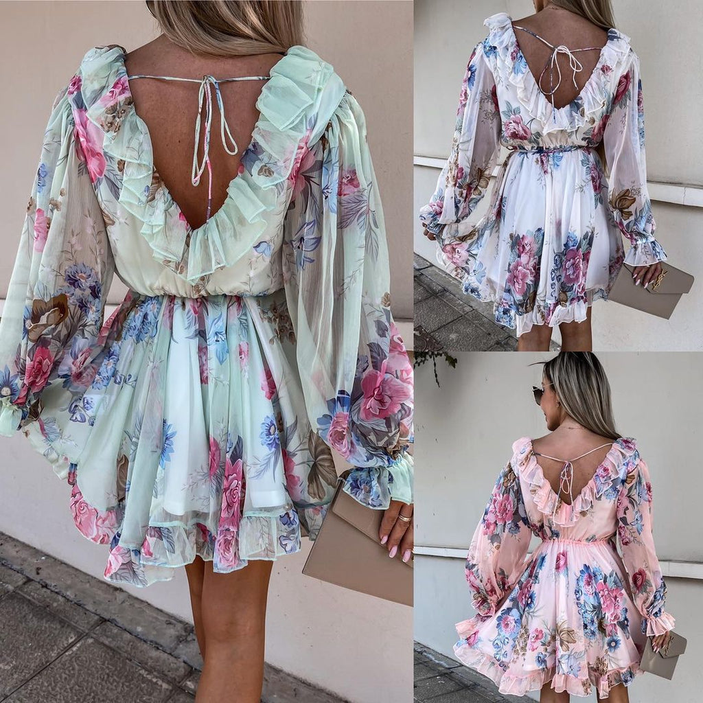 V-Neck Printed Long Sleeve Waist-Defined Dress